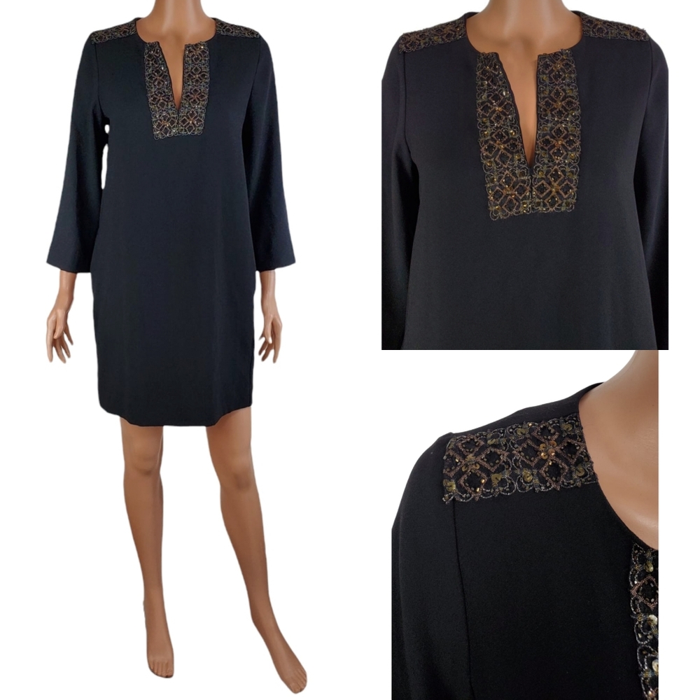 NWT Karen kane embroidered sequin beaded v neck 3/4 sleeve shift dress black xs